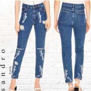 Sandro Rebecca Lightning Bolt Graphic High Rise Jeans Size 8 Jeweled Pearl Beads